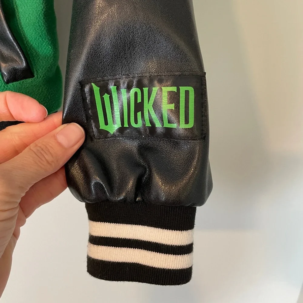 Justice x Wicked Green Black Varsity Letterman Jacket Kids Size S 7/8 Bomber